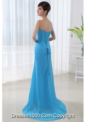 Empire High Slit Prom Dress with Ruchings and Beading One Shoulder Aqua Bue