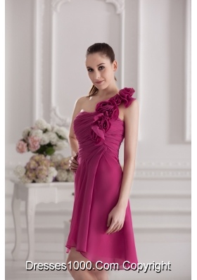 Empire One Shoulder Hand Made Flowers Ruching Fuchsia Dress Prom