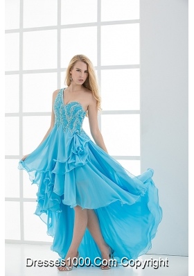 Empire One shoulder High-low Beading Baby Blue Prom Dress