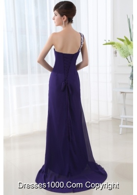 Empire Prom Dress with Ruchings and Beading One Shoulder High Spilt Purple