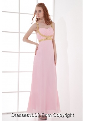 Empire Straps Baby Pink Prom Dress with Beading and Ruchings Chiffon