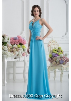 Empire Straps Ruching Baby Blue Floor-length Chiffon Prom Dress