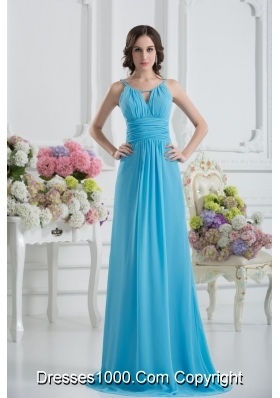 Empire Straps Ruching Baby Blue Floor-length Chiffon Prom Dress