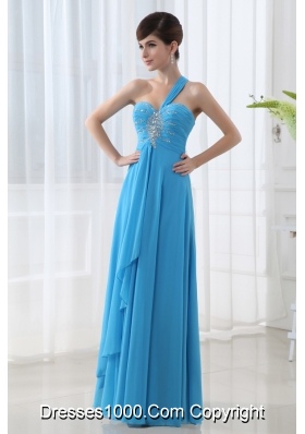 Empire Teal Blue Chiffon Prom Dress with One Shoulder Beading and Ruching