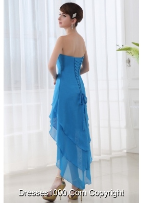 Empire Teal Blue Strapless Ruffled Layers High-low Chiffon Prom Dress