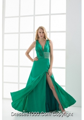 Empire V-neck Sleeveless Ruching High Slit Prom Dress