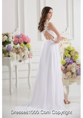 Empire White One Shoulder High Slit Brush Train Chiffon Prom Dress