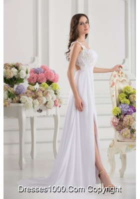 Empire White One Shoulder High Slit Brush Train Chiffon Prom Dress