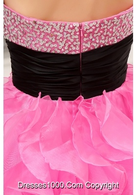 Hot Pink Strapless Belt Beading Ruffles High-Low Organza Prom Dress for 2014