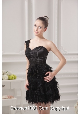 One Shoulder Beading Ruffles Special Fabric Black Prom Dress