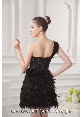 One Shoulder Beading Ruffles Special Fabric Black Prom Dress