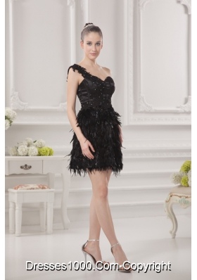 One Shoulder Beading Ruffles Special Fabric Black Prom Dress