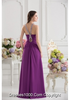 Purple Empire Halter Top Beading Ruching Chiffon Prom Dress