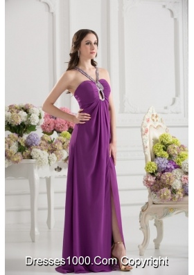 Purple Empire Halter Top Beading Ruching Chiffon Prom Dress