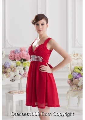 Red Empire Straps Prom Dress with Ribbons and Beading