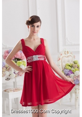 Red Empire Straps Prom Dress with Ribbons and Beading