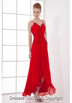 Spaghetti Straps Tea-length Chiffon Red Dresses for Prom