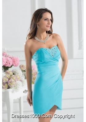 Sweetheart Mini-length Beading Chiffon Aqua Blue Ruching Prom Dress