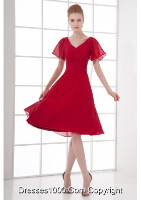 Wine Red Empire Ruching V-neck Short Sleeves Prom Dress