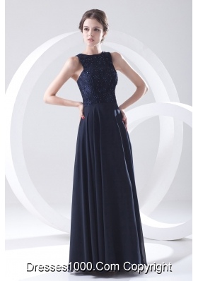 2014 Navy Blue Prom Dress with Lace Bateau Black Empire Chiffon