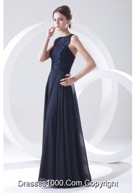 2014 Navy Blue Prom Dress with Lace Bateau Black Empire Chiffon