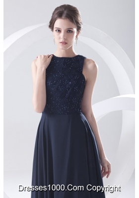 2014 Navy Blue Prom Dress with Lace Bateau Black Empire Chiffon