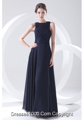2014 Navy Blue Prom Dress with Lace Bateau Black Empire Chiffon