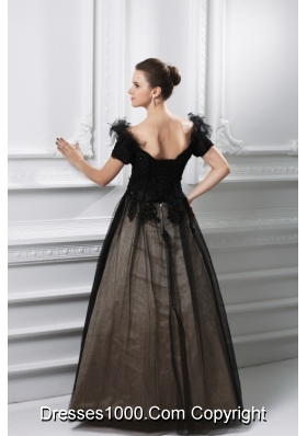 2014 New A-line Appliques V-neck Tulle Black Prom Dress