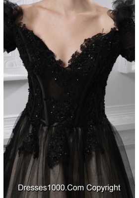 2014 New A-line Appliques V-neck Tulle Black Prom Dress