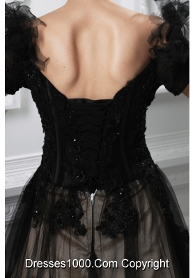 2014 New A-line Appliques V-neck Tulle Black Prom Dress