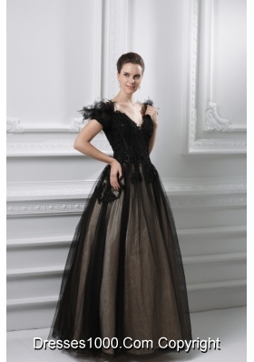 2014 New A-line Appliques V-neck Tulle Black Prom Dress