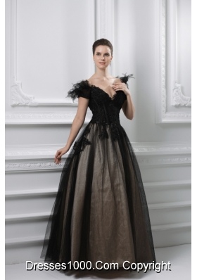 2014 New A-line Appliques V-neck Tulle Black Prom Dress