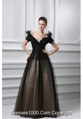 2014 New A-line Appliques V-neck Tulle Black Prom Dress