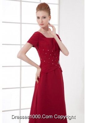 A-line Burgundy Ankle-Length Chiffon Beading and Ruching Prom Dress