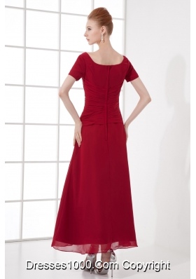 A-line Burgundy Ankle-Length Chiffon Beading and Ruching Prom Dress