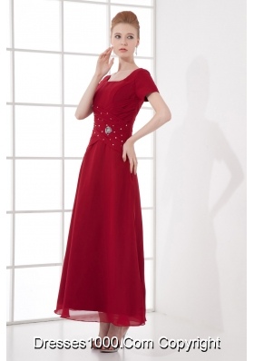 A-line Burgundy Ankle-Length Chiffon Beading and Ruching Prom Dress