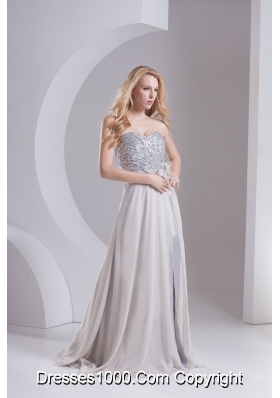 A-line Gray Sweetheart Sleeveless Sequins Prom Dress with Hand Made Flower