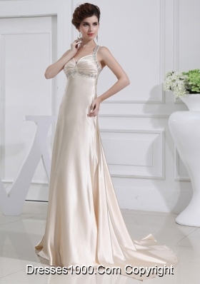 A-line  Halter Top Floor-length Beading Elastic Woven Satin Prom Dress