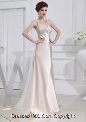 A-line  Halter Top Floor-length Beading Elastic Woven Satin Prom Dress