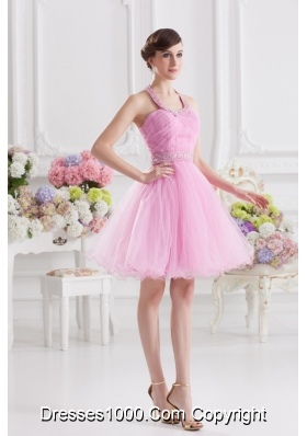 A-line Halter Top Pink Prom Dress with Ruching and Beading