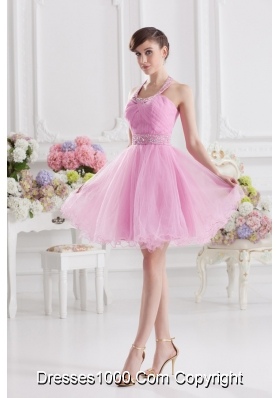 A-line Halter Top Pink Prom Dress with Ruching and Beading