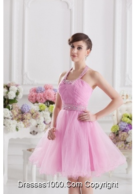 A-line Halter Top Pink Prom Dress with Ruching and Beading