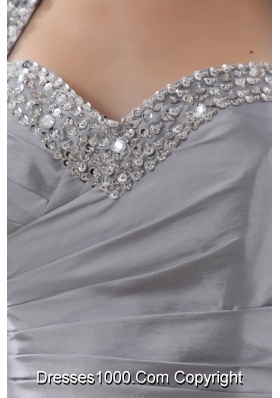 A-line Halter Top Silver Prom Dress with Beading and Ruching