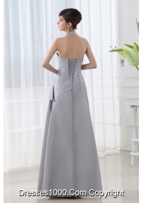 A-line Halter Top Silver Prom Dress with Beading and Ruching