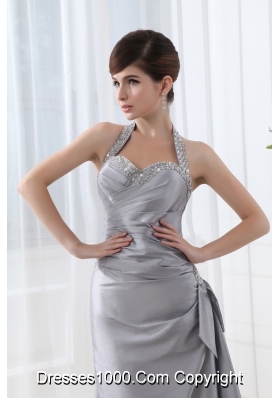 A-line Halter Top Silver Prom Dress with Beading and Ruching