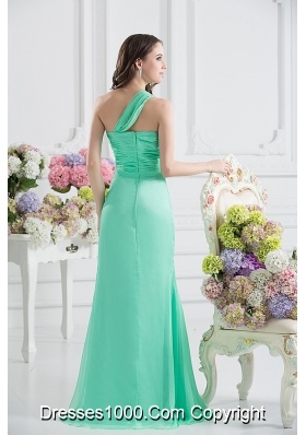 Apple Green Column One Shoulder Prom Dress with Ruching and Beading