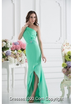 Apple Green Column One Shoulder Prom Dress with Ruching and Beading