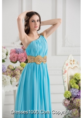 Aqua Blue Empire One Shoulder Floor-length High Slit Prom Dress