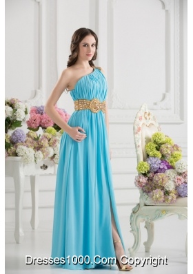 Aqua Blue Empire One Shoulder Floor-length High Slit Prom Dress