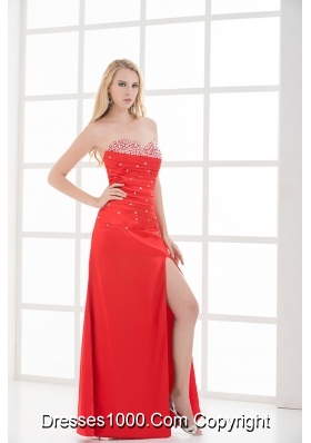 Column Red Sweetheart Sleeveless Beading and Ruching High Slit Prom Dress